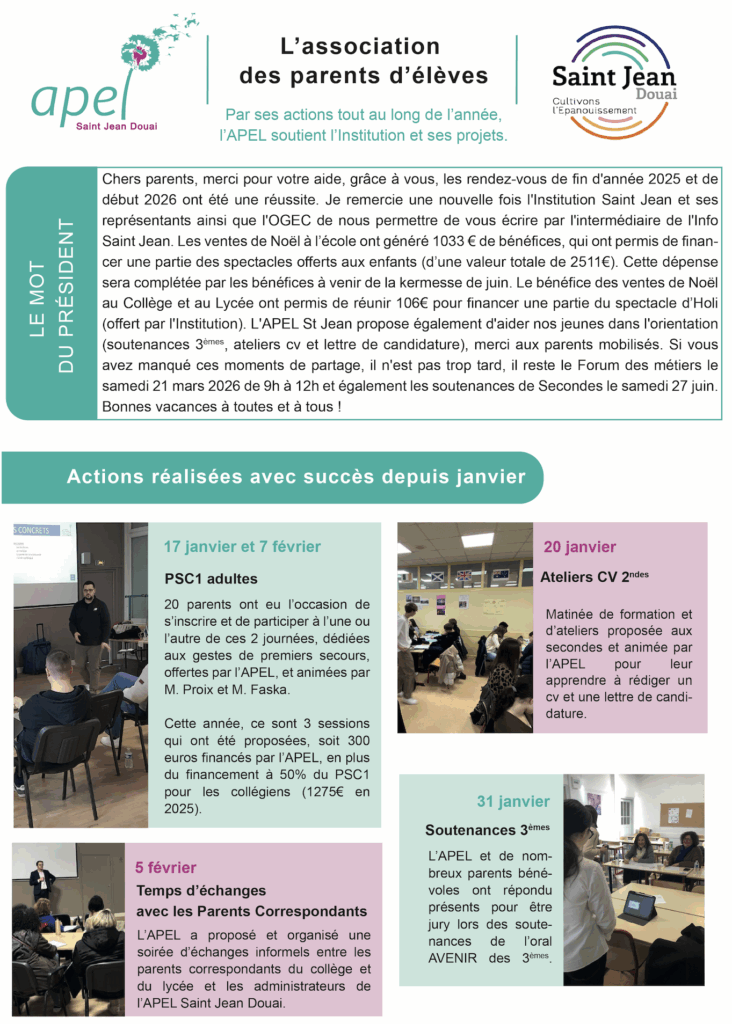 L'APEL Saint Jean Douai publie ses actualités dans l'Info Saint Jean, qui paraît avant chaque vacances scolaires.